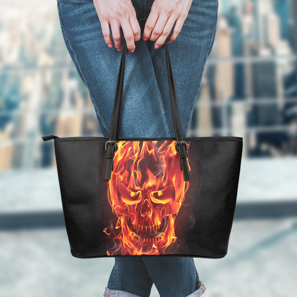Flaming Evil Skull Print Leather Tote Bag