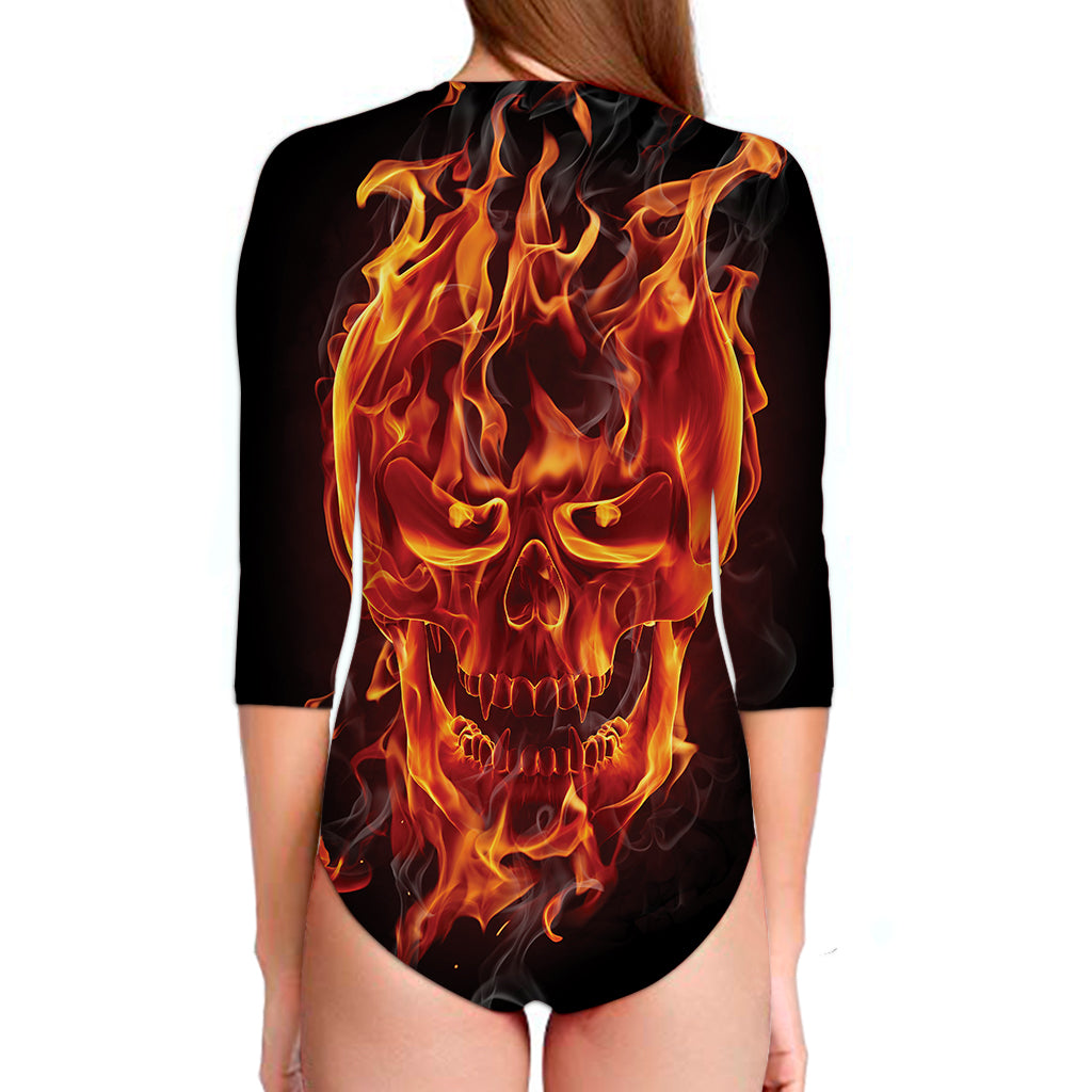 Flaming Evil Skull Print Long Sleeve Swimsuit