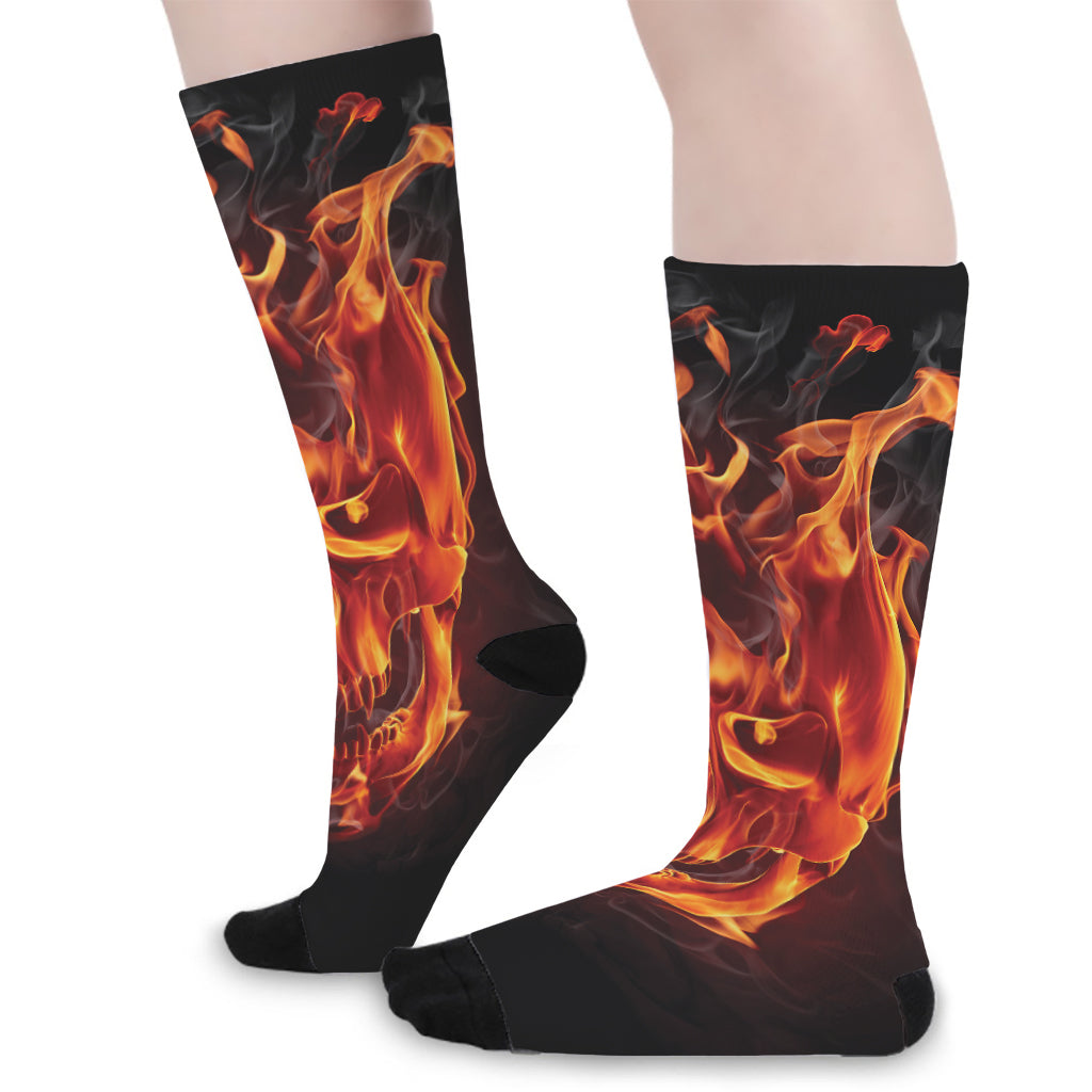 Flaming Evil Skull Print Long Socks