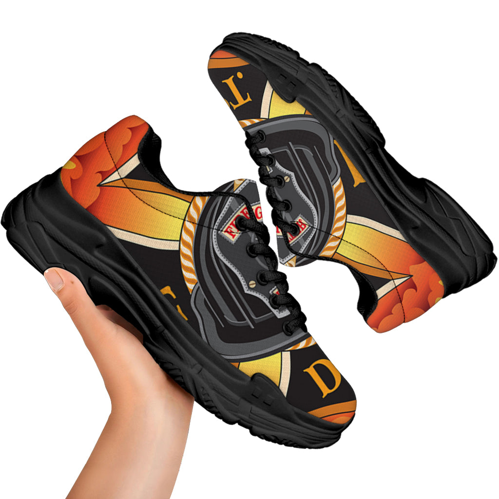 Flaming Firefighter Emblem Print Black Chunky Shoes