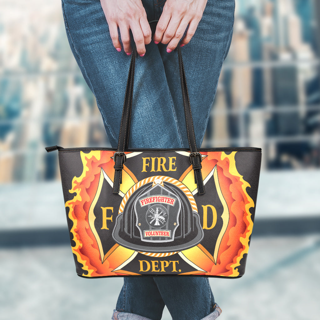 Flaming Firefighter Emblem Print Leather Tote Bag