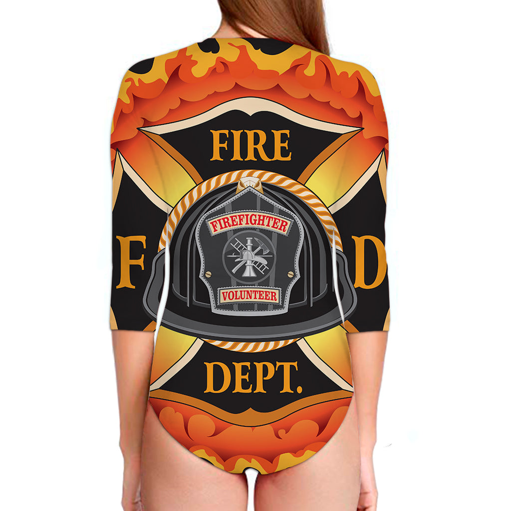 Flaming Firefighter Emblem Print Long Sleeve Swimsuit
