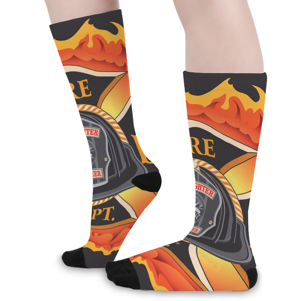 Flaming Firefighter Emblem Print Long Socks