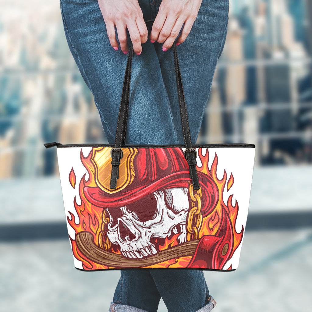 Flaming Firefighter Skull Print Leather Tote Bag