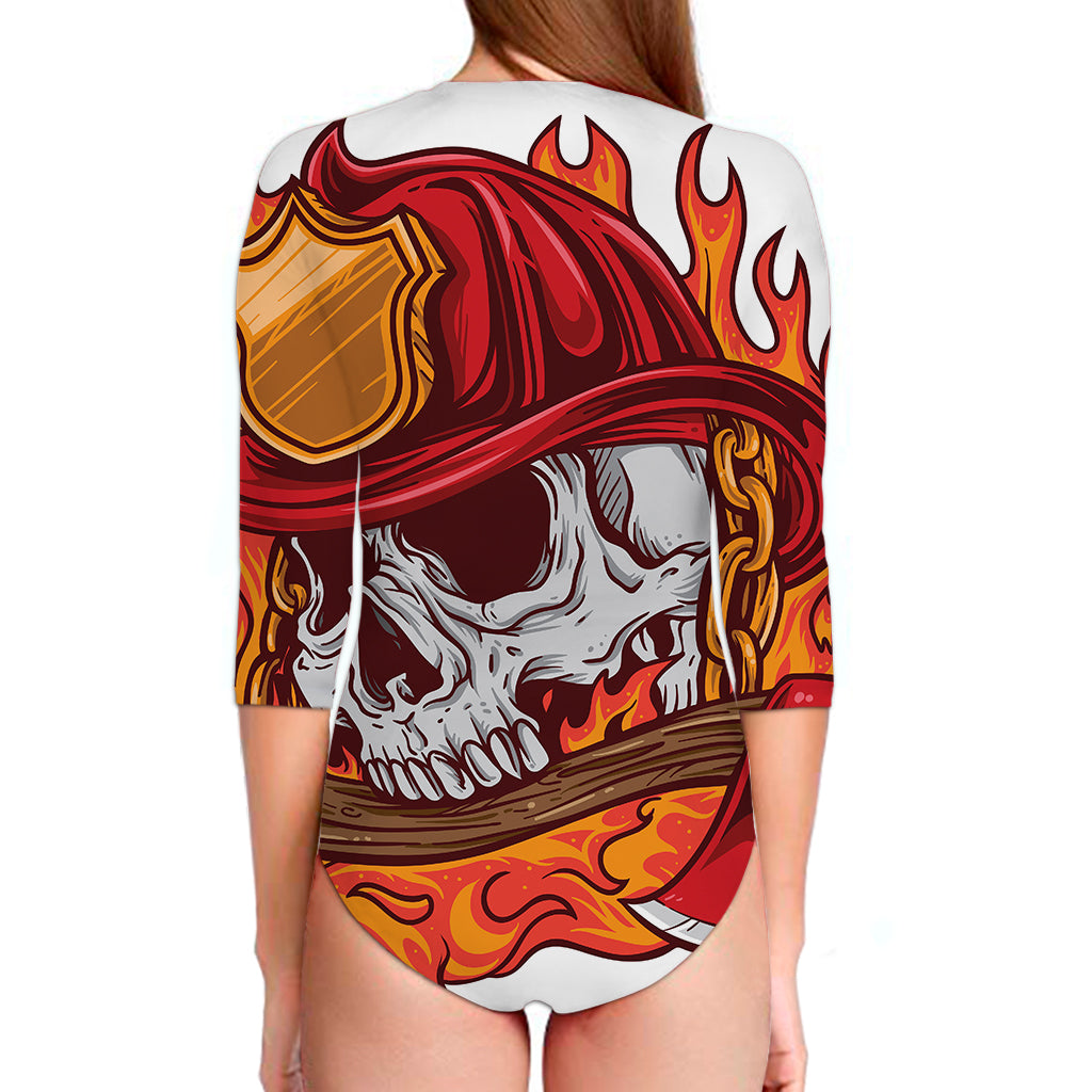 Flaming Firefighter Skull Print Long Sleeve Swimsuit