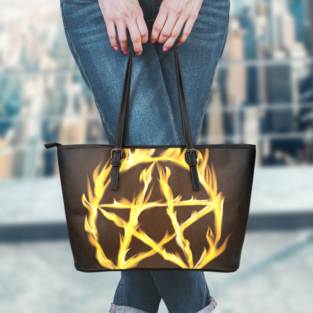 Flaming Pentagram Symbol Print Leather Tote Bag