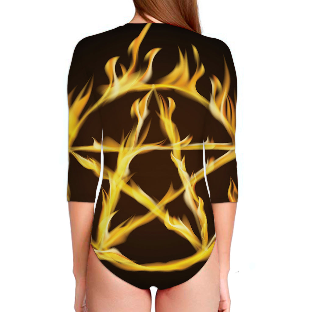 Flaming Pentagram Symbol Print Long Sleeve Swimsuit