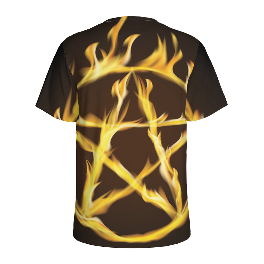 Flaming Pentagram Symbol Print Men's Sports T-Shirt