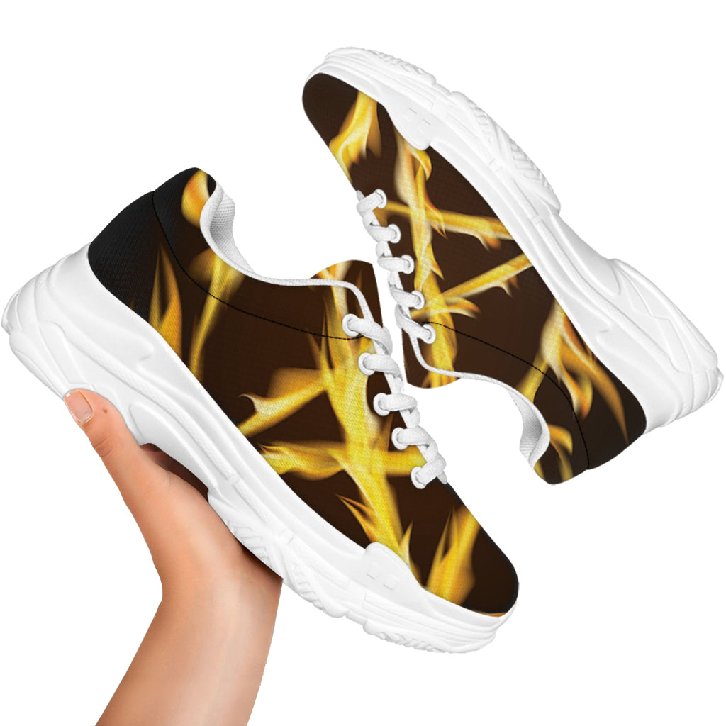 Flaming Pentagram Symbol Print White Chunky Shoes