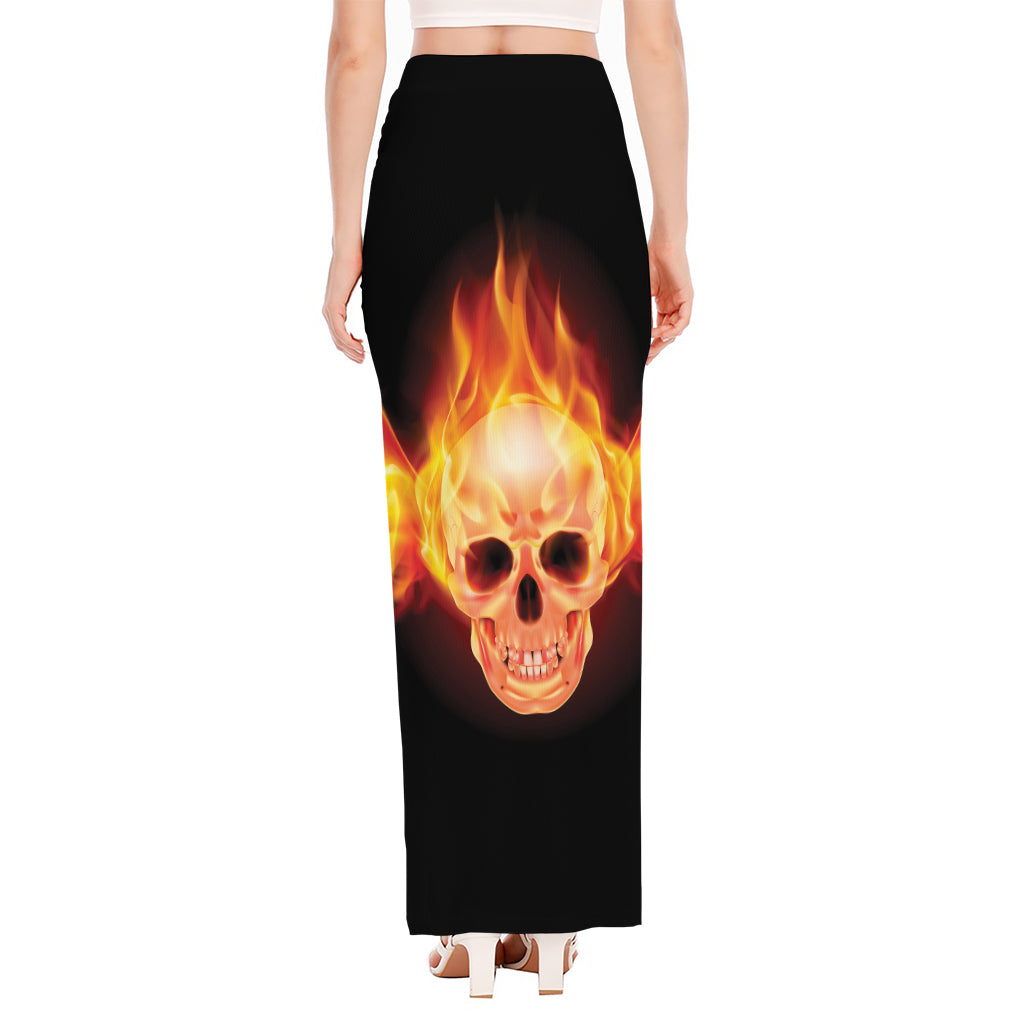 Flaming Skull With Fire Wings Print High Slit Maxi Skirt