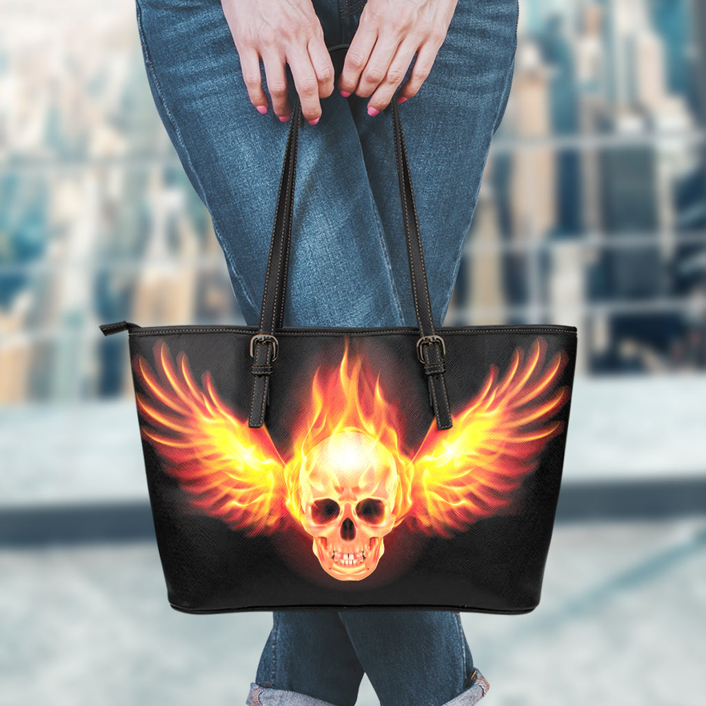 Flaming Skull With Fire Wings Print Leather Tote Bag