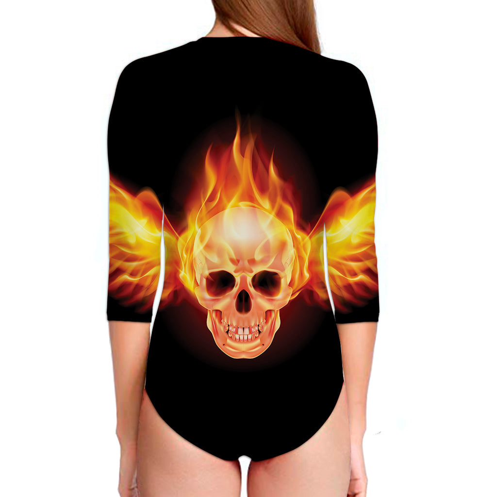 Flaming Skull With Fire Wings Print Long Sleeve Swimsuit