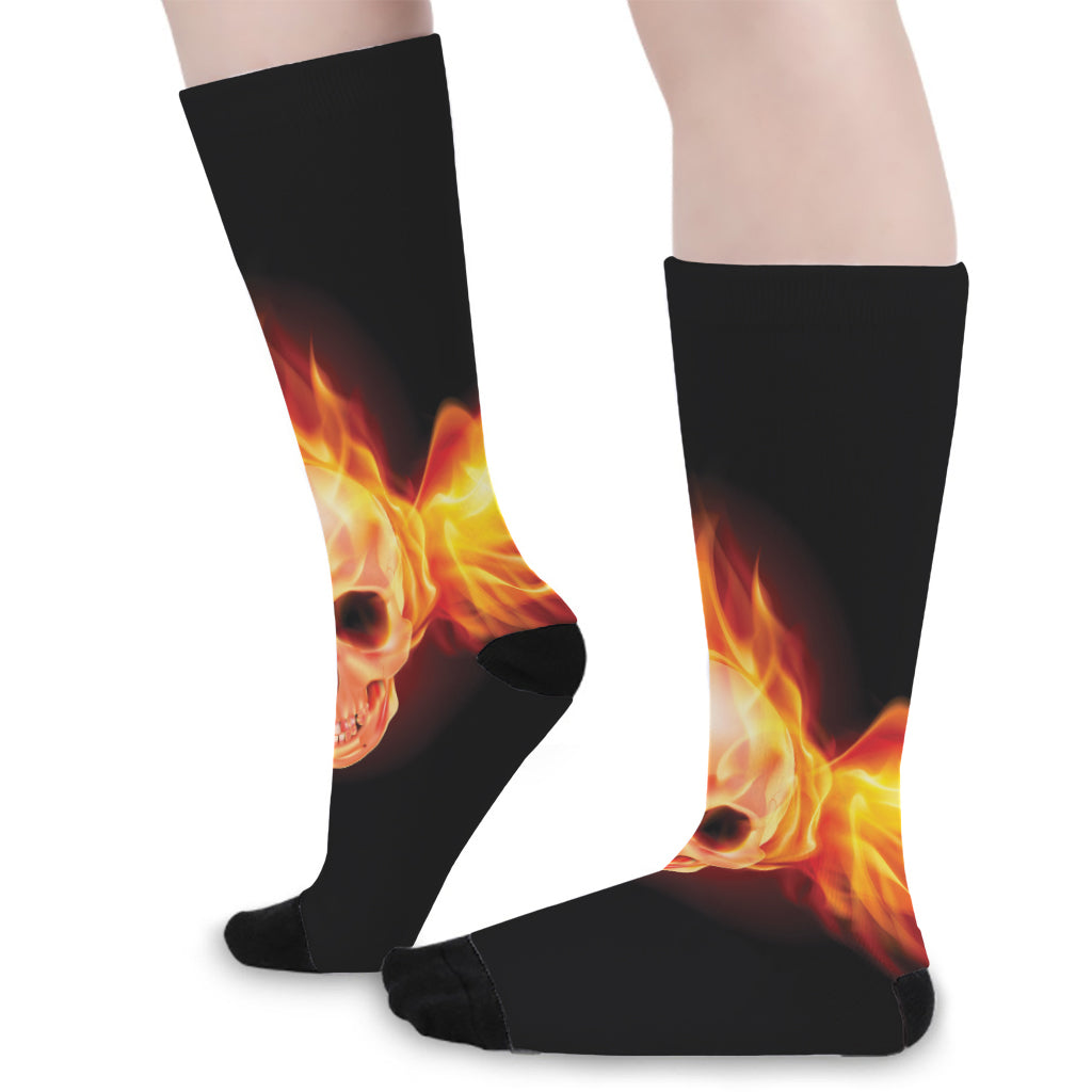 Flaming Skull With Fire Wings Print Long Socks