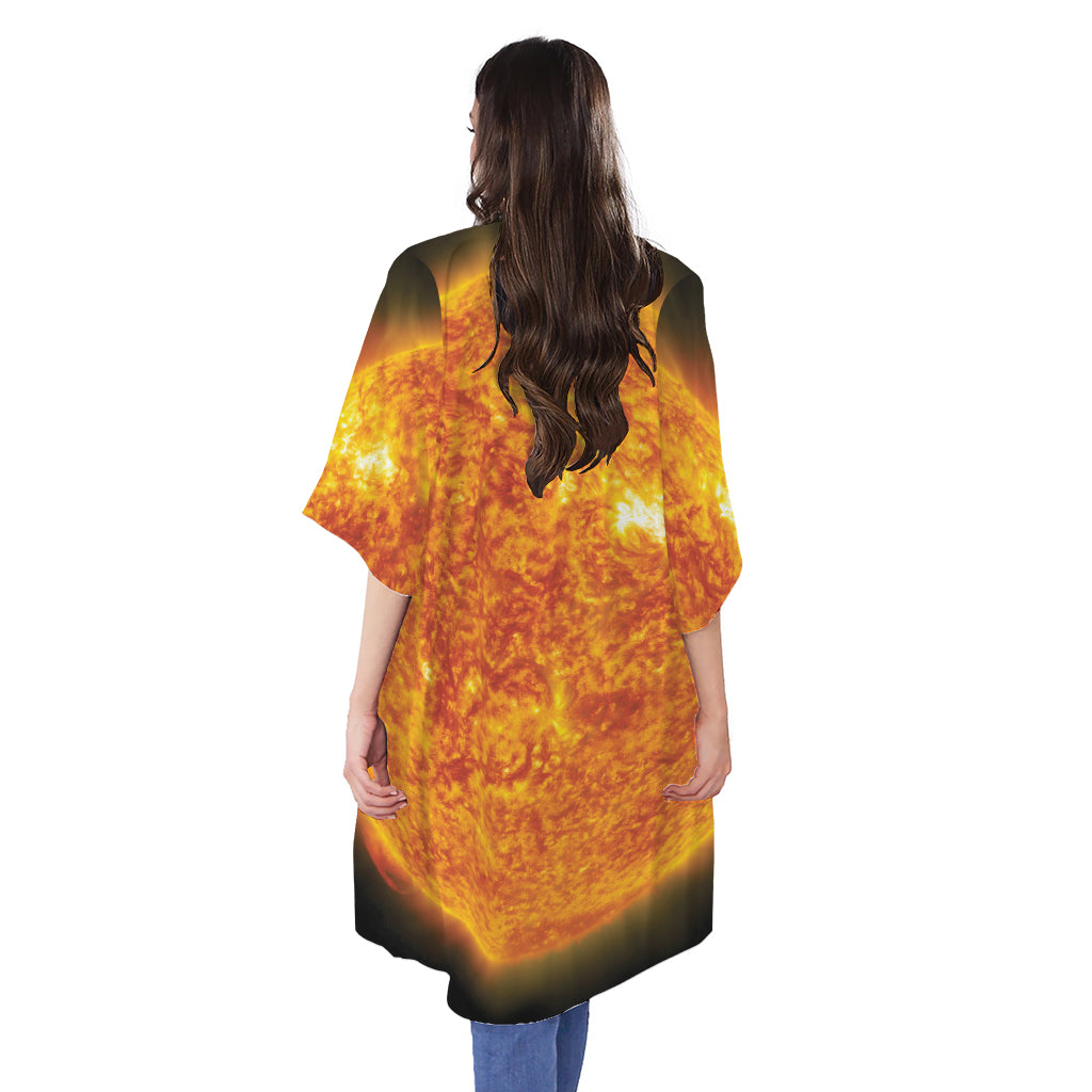 Flaming Sun Print Open Front Beach Cover Up