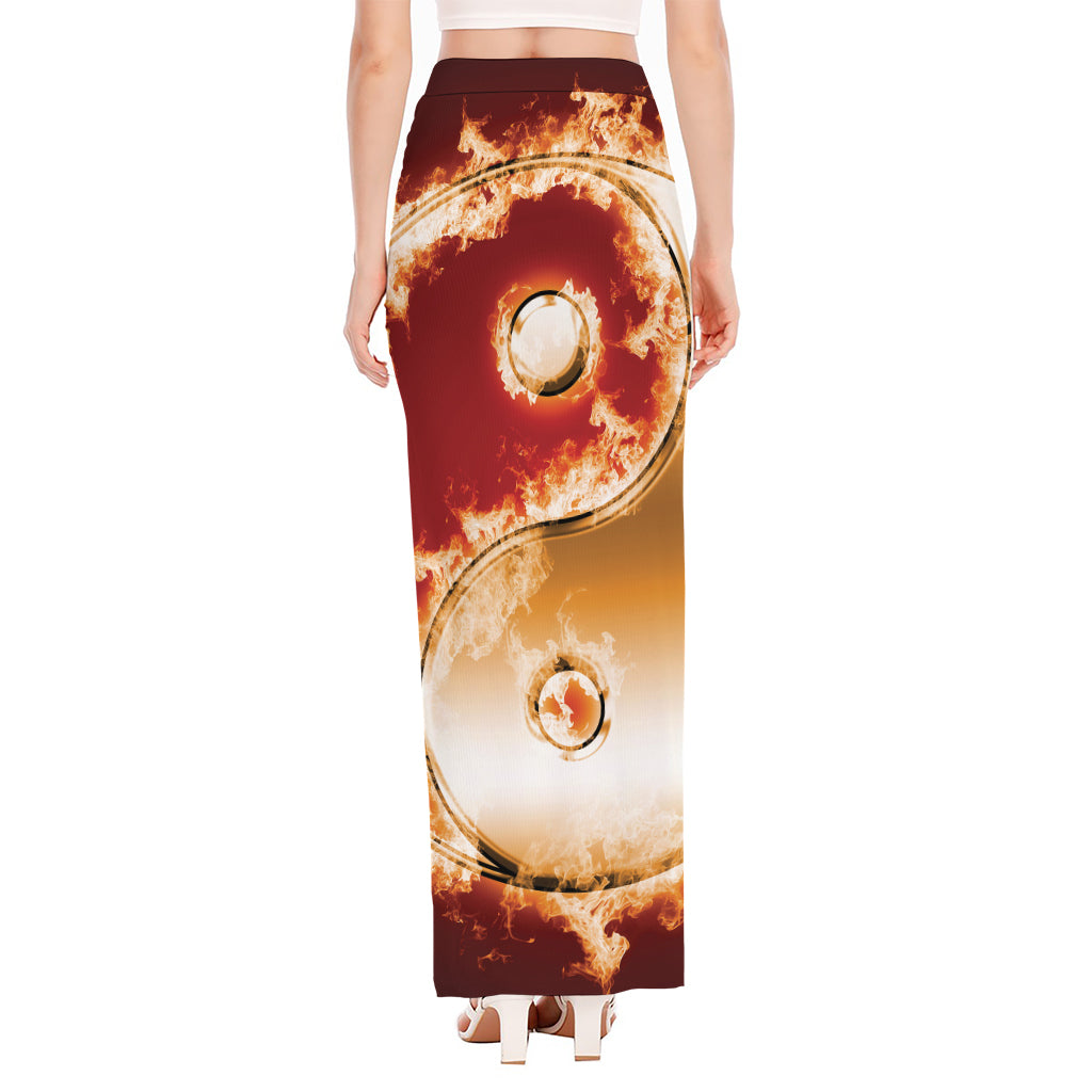 Flaming Yin Yang Print High Slit Maxi Skirt