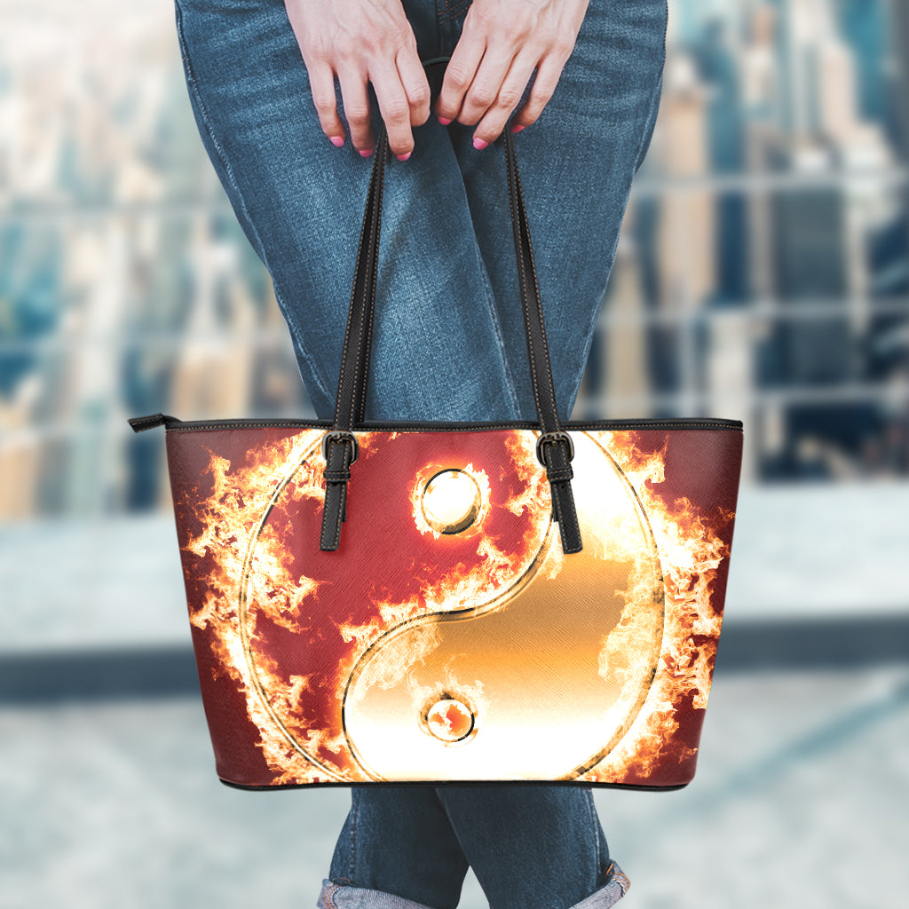 Flaming Yin Yang Print Leather Tote Bag