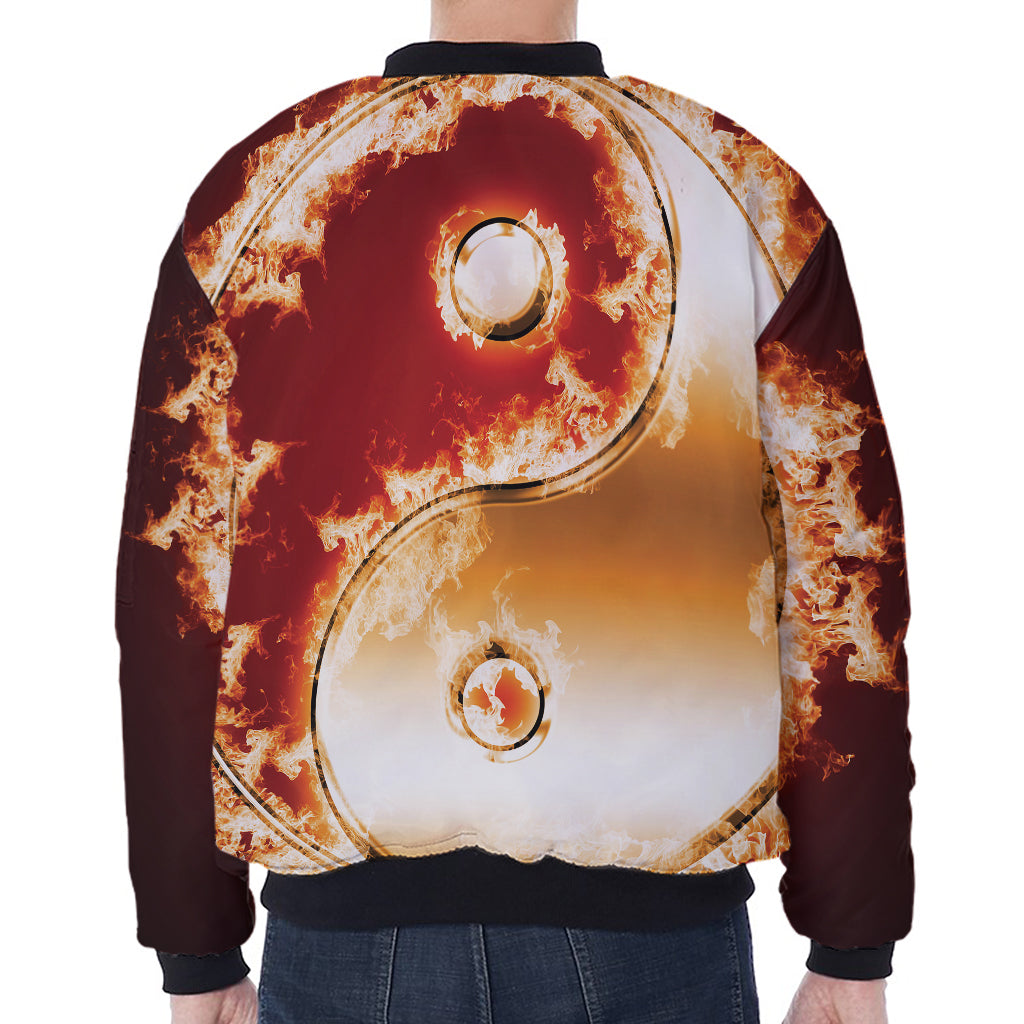 Flaming Yin Yang Print Zip Sleeve Bomber Jacket