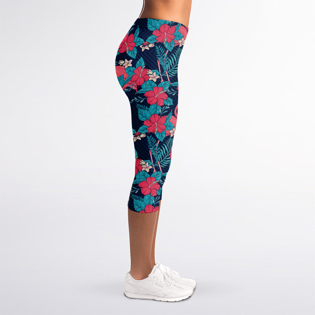 Flamingo And Hawaiian Floral Print Women's Capri Leggings
