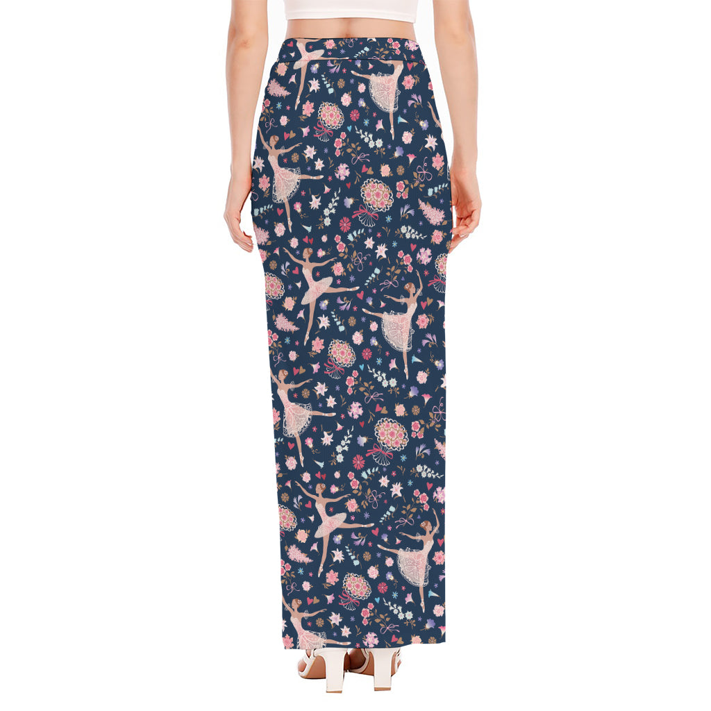 Floral Ballet Pattern Print High Slit Maxi Skirt