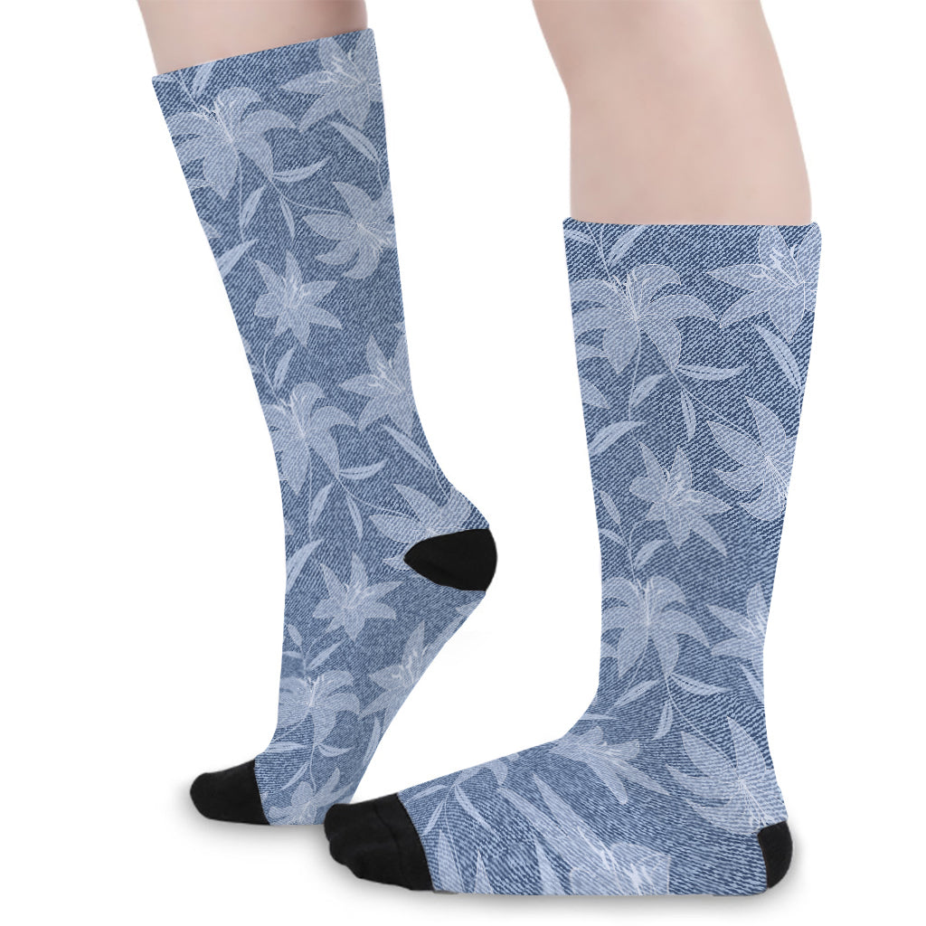 Floral Denim Jeans Pattern Print Long Socks