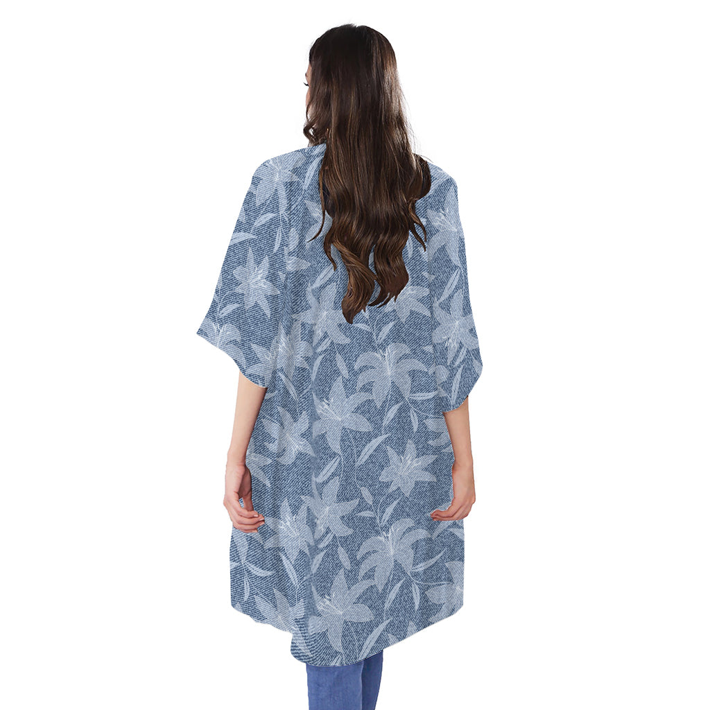 Floral Denim Jeans Pattern Print Open Front Beach Cover Up