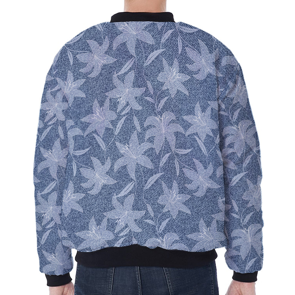 Floral Denim Jeans Pattern Print Zip Sleeve Bomber Jacket