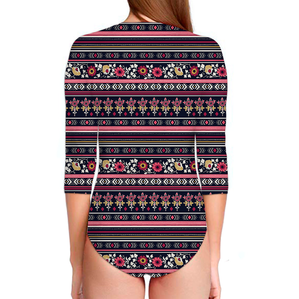 Floral Ethnic Pattern Print Long Sleeve Swimsuit