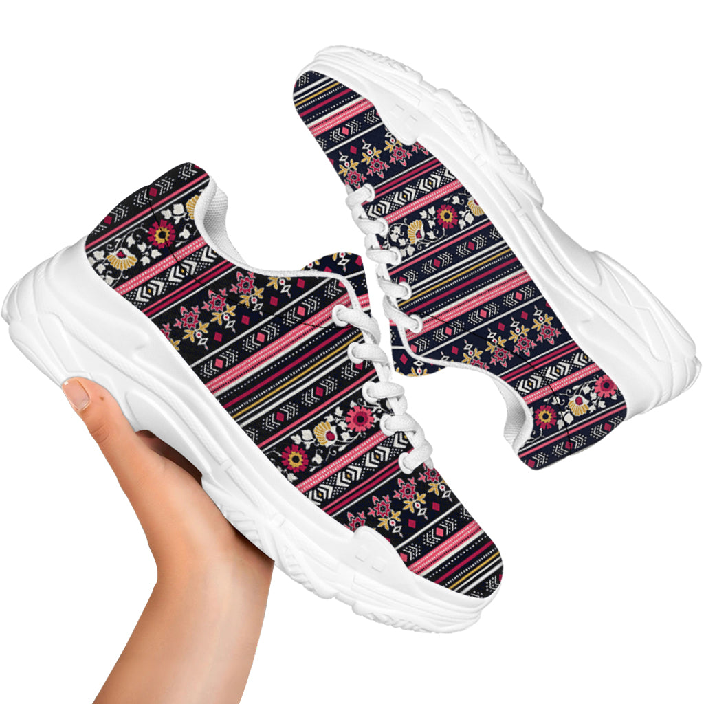 Floral Ethnic Pattern Print White Chunky Shoes
