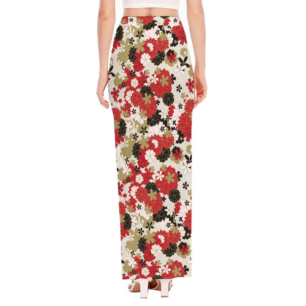 Floral Kimono Pattern Print High Slit Maxi Skirt