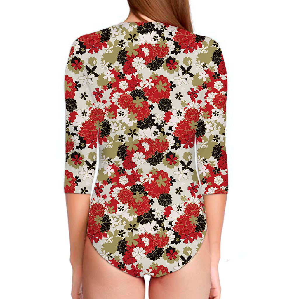 Floral Kimono Pattern Print Long Sleeve Swimsuit