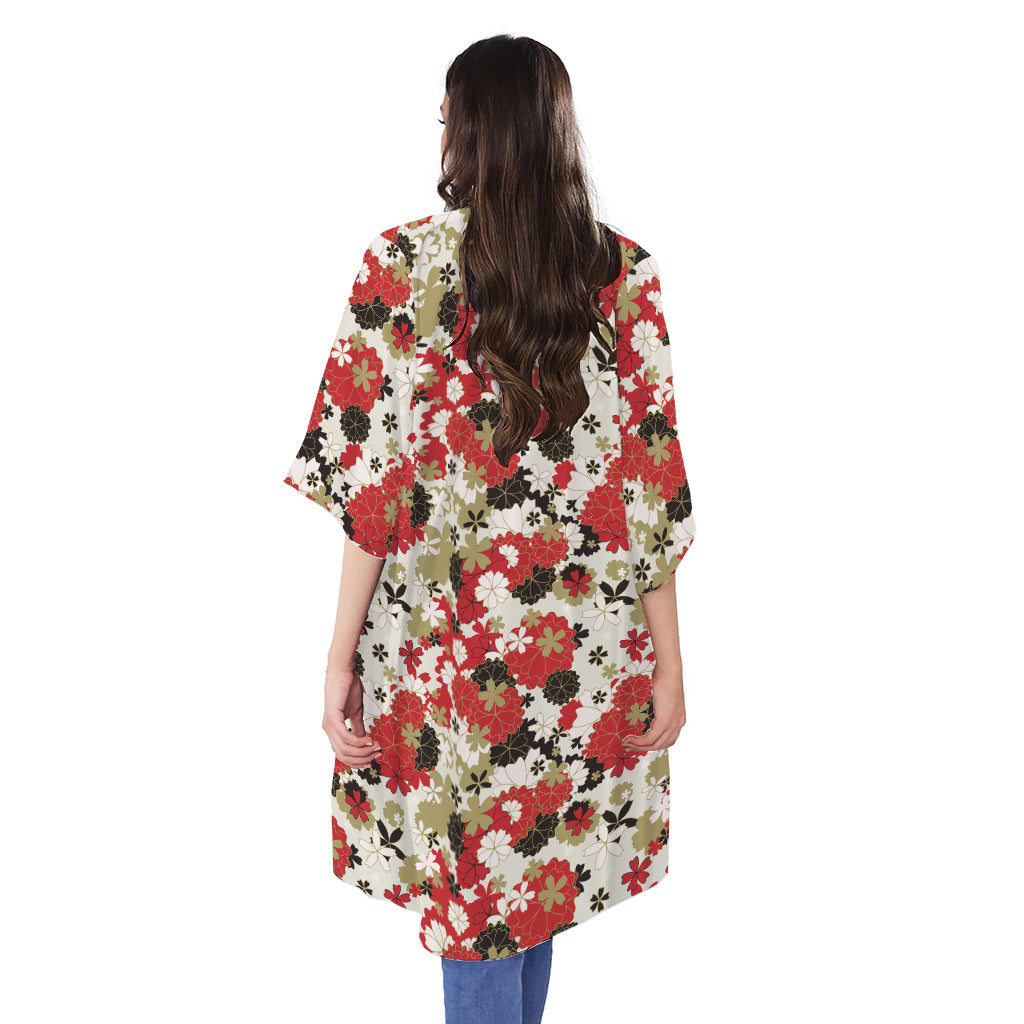 Floral Kimono Pattern Print Open Front Beach Cover Up