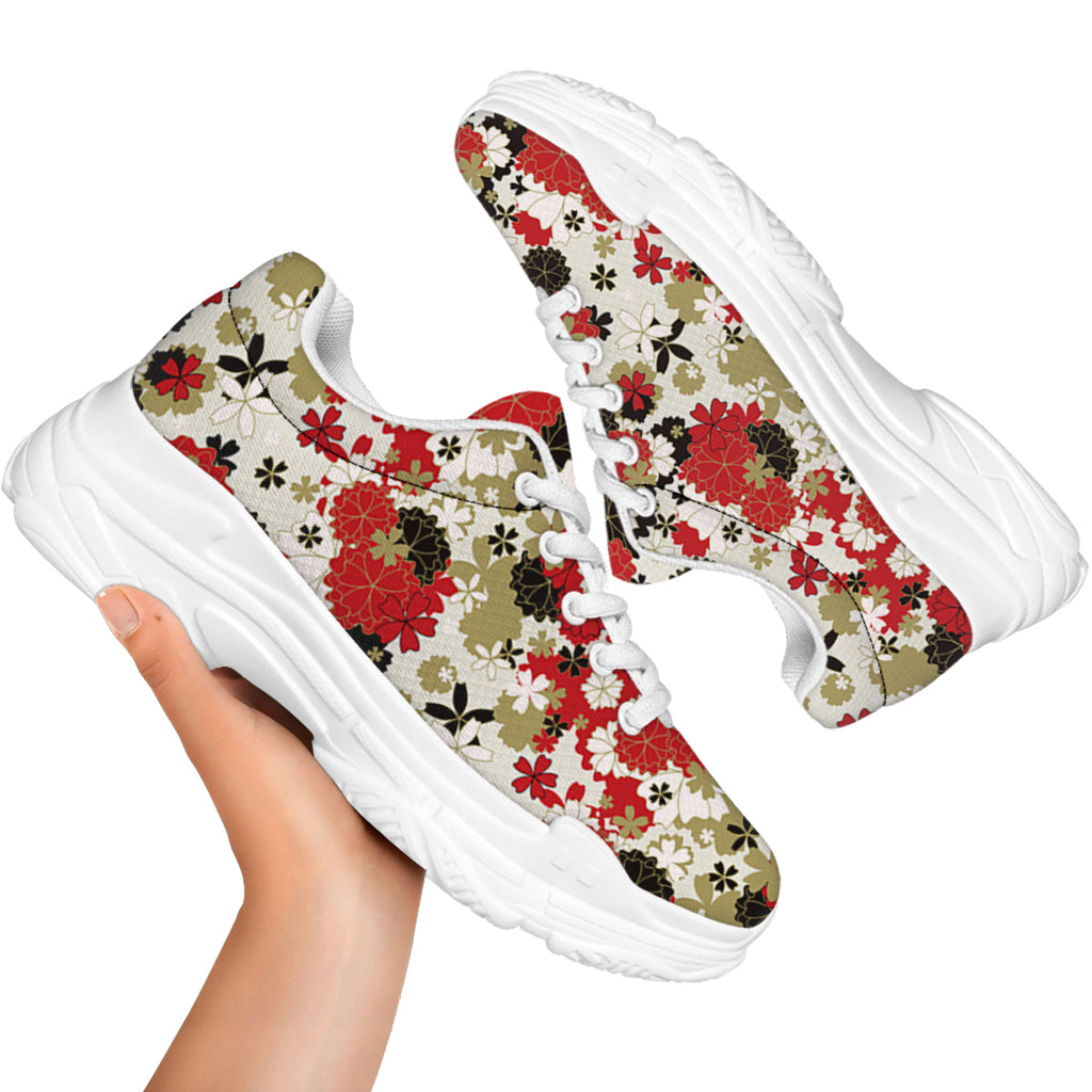 Floral Kimono Pattern Print White Chunky Shoes