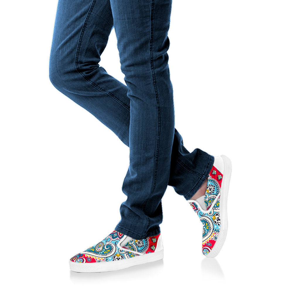 Floral Paisley Mandala Print White Slip On Sneakers