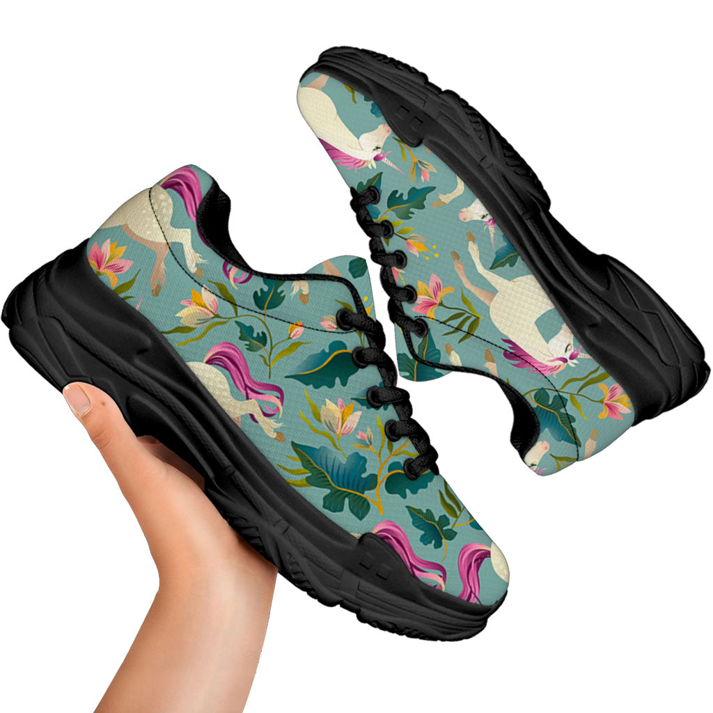 Floral Unicorn Pattern Print Black Chunky Shoes
