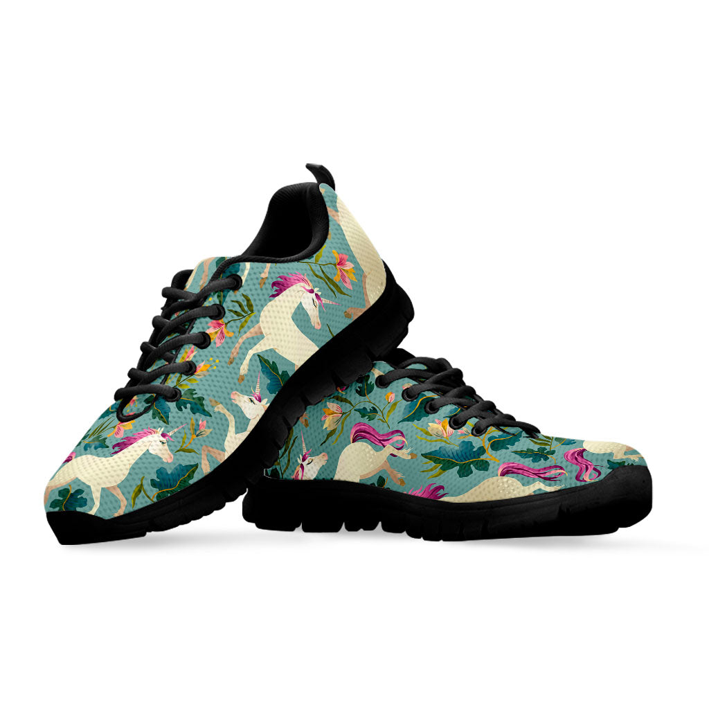 Floral Unicorn Pattern Print Black Running Shoes
