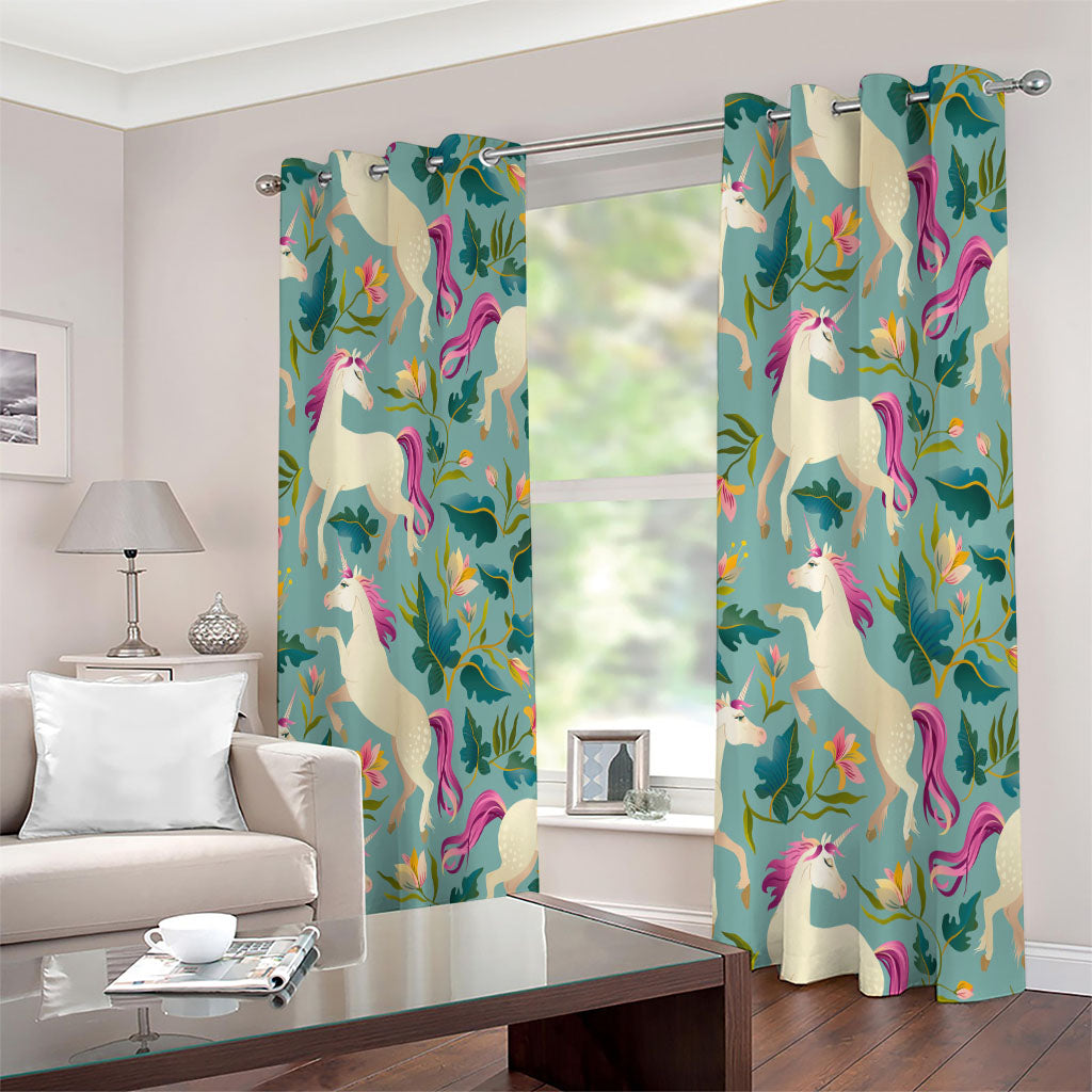 Floral Unicorn Pattern Print Extra Wide Grommet Curtains