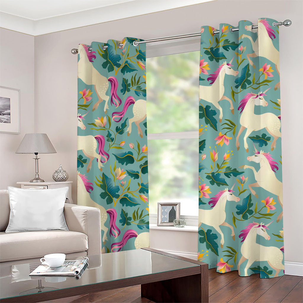 Floral Unicorn Pattern Print Grommet Curtains