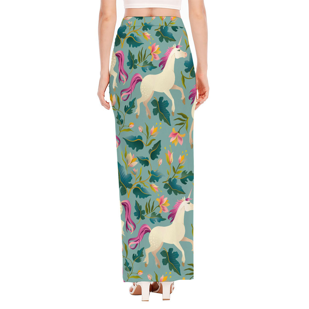 Floral Unicorn Pattern Print High Slit Maxi Skirt