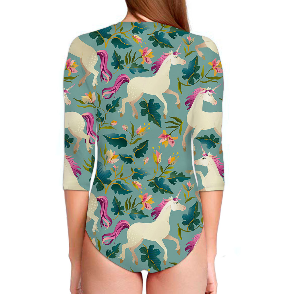 Floral Unicorn Pattern Print Long Sleeve Swimsuit