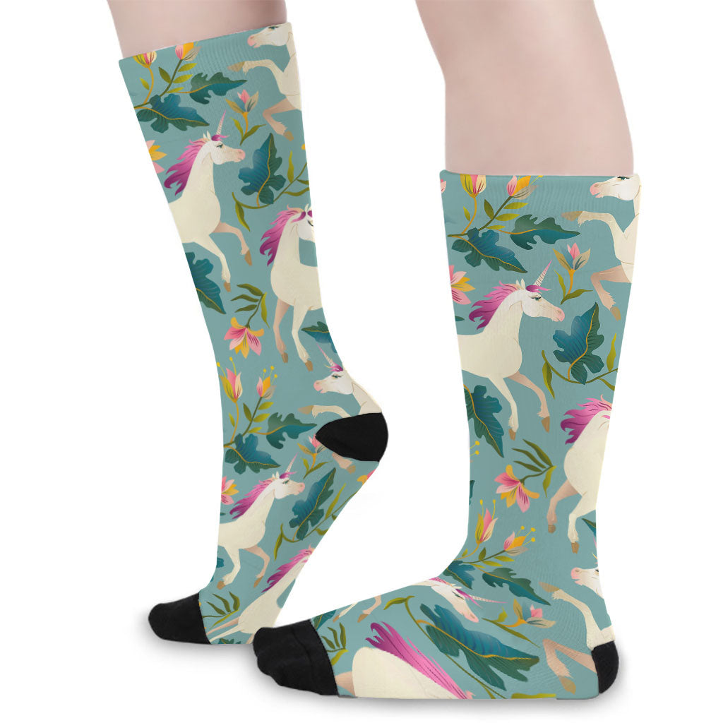 Floral Unicorn Pattern Print Long Socks