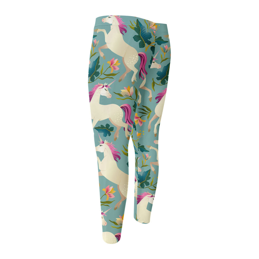 Floral Unicorn Pattern Print Men's Compression Pants