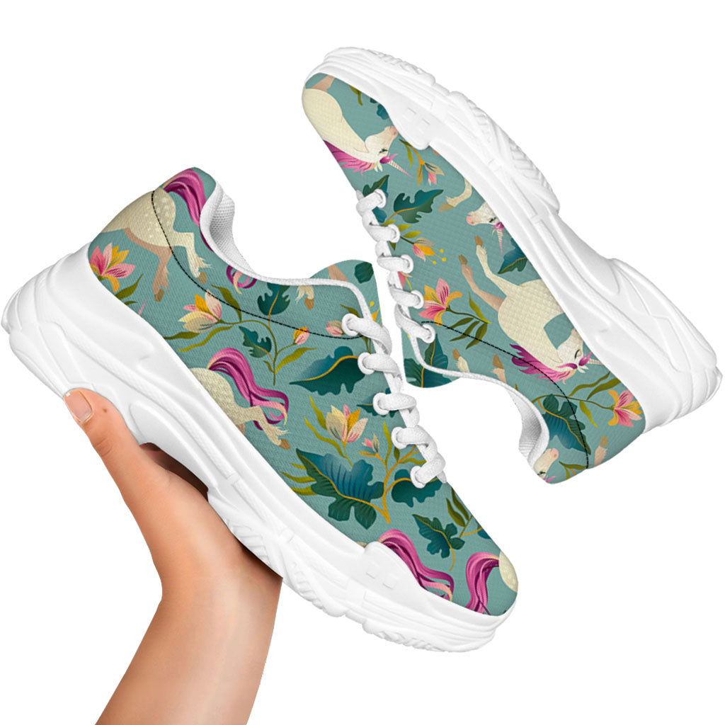 Floral Unicorn Pattern Print White Chunky Shoes