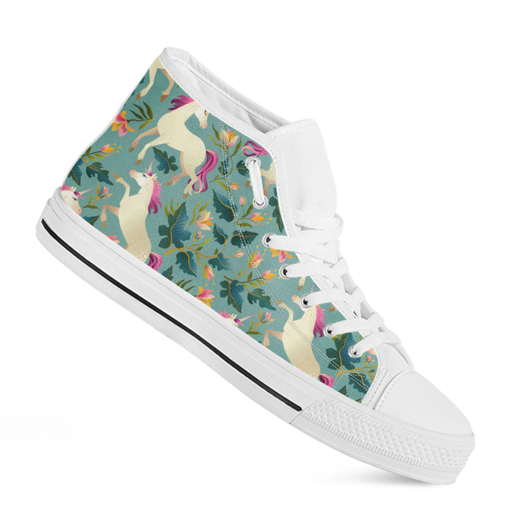 Floral Unicorn Pattern Print White High Top Sneakers