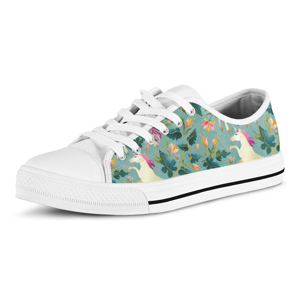 Floral Unicorn Pattern Print White Low Top Sneakers