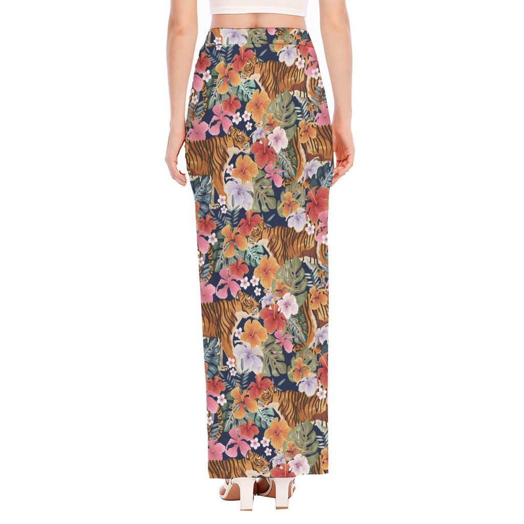 Flower And Tiger Pattern Print High Slit Maxi Skirt