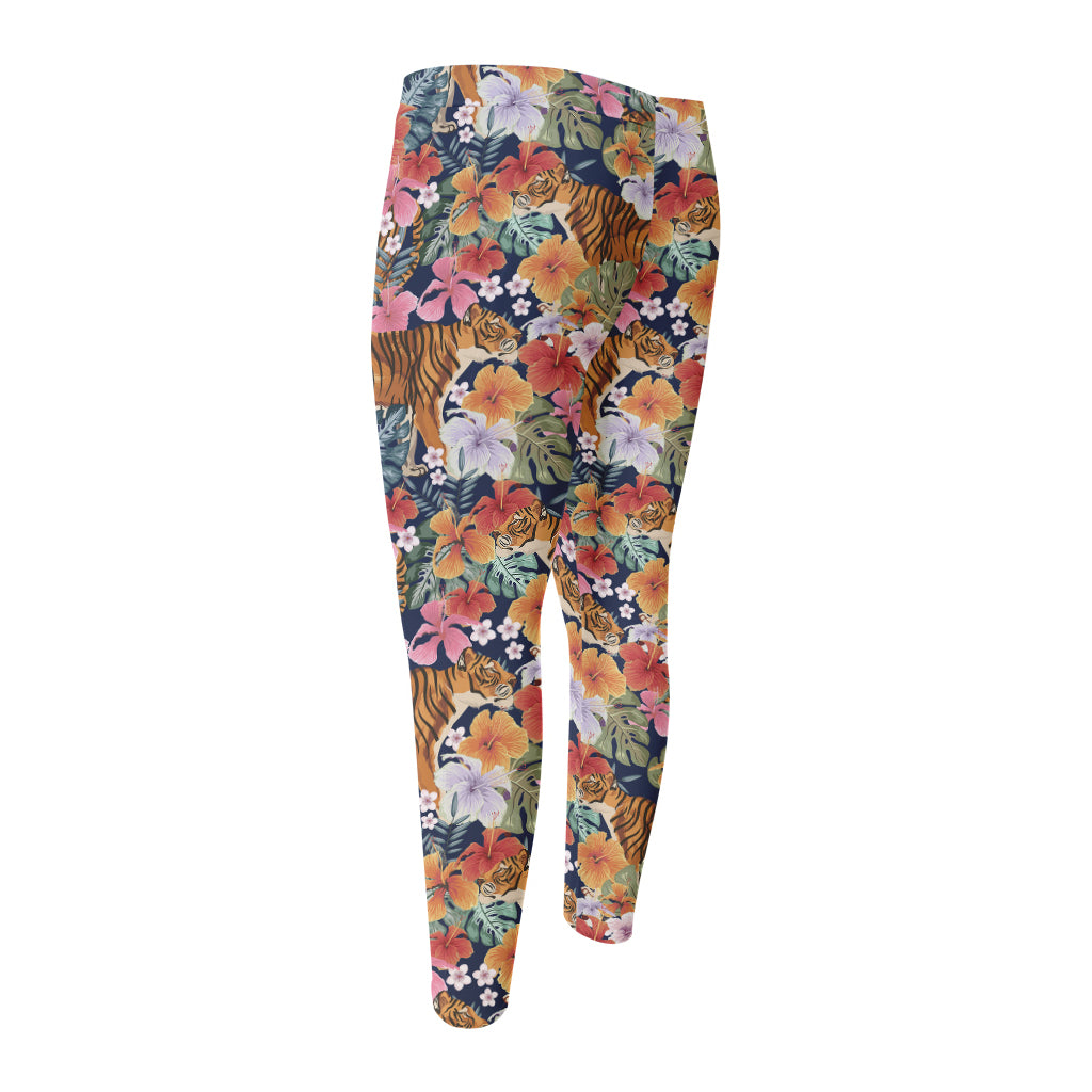 Flower And Tiger Pattern Print Men's Compression Pants