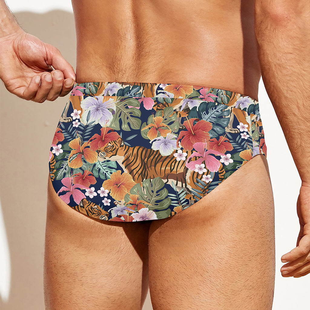 Flower And Tiger Pattern Print Men's Swim Briefs