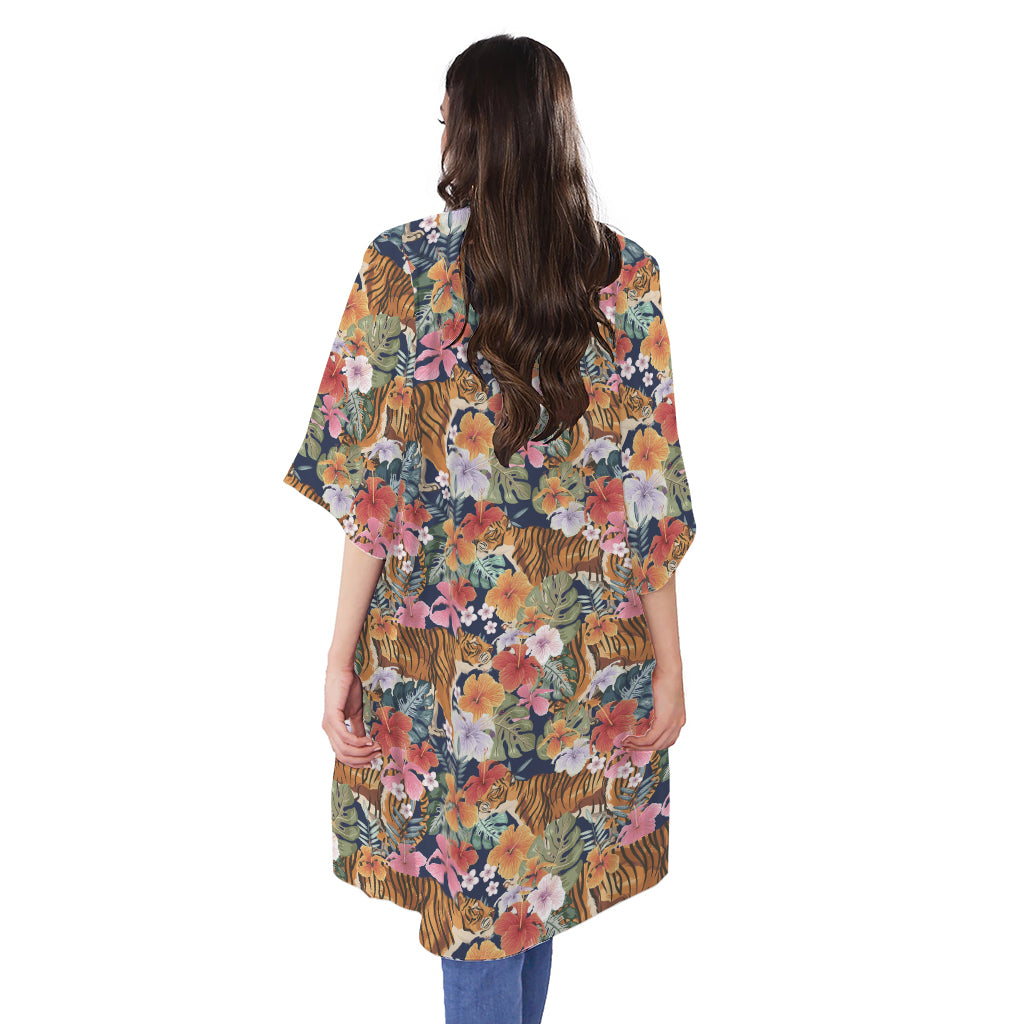 Flower And Tiger Pattern Print Open Front Beach Cover Up
