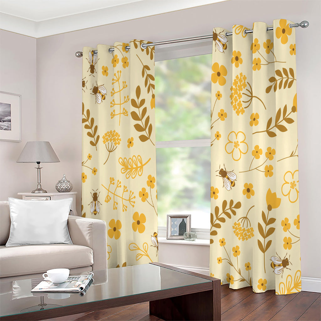 Flower Bee Pattern Print Extra Wide Grommet Curtains