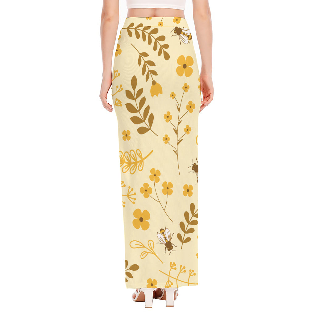 Flower Bee Pattern Print High Slit Maxi Skirt
